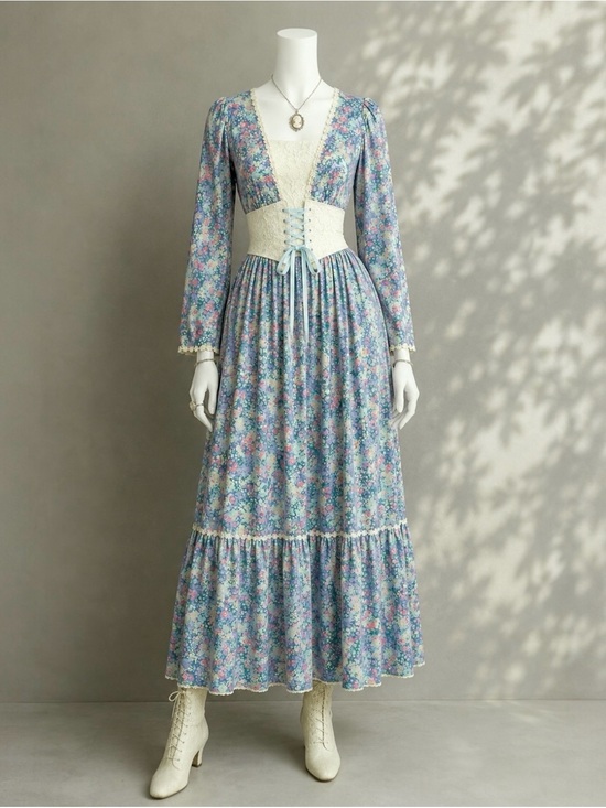Vintage Dresses & Skirts - Vintage Prairie Maxi Dress XS / S Blue Floral Cottagecore Western  Hilda Hawaii